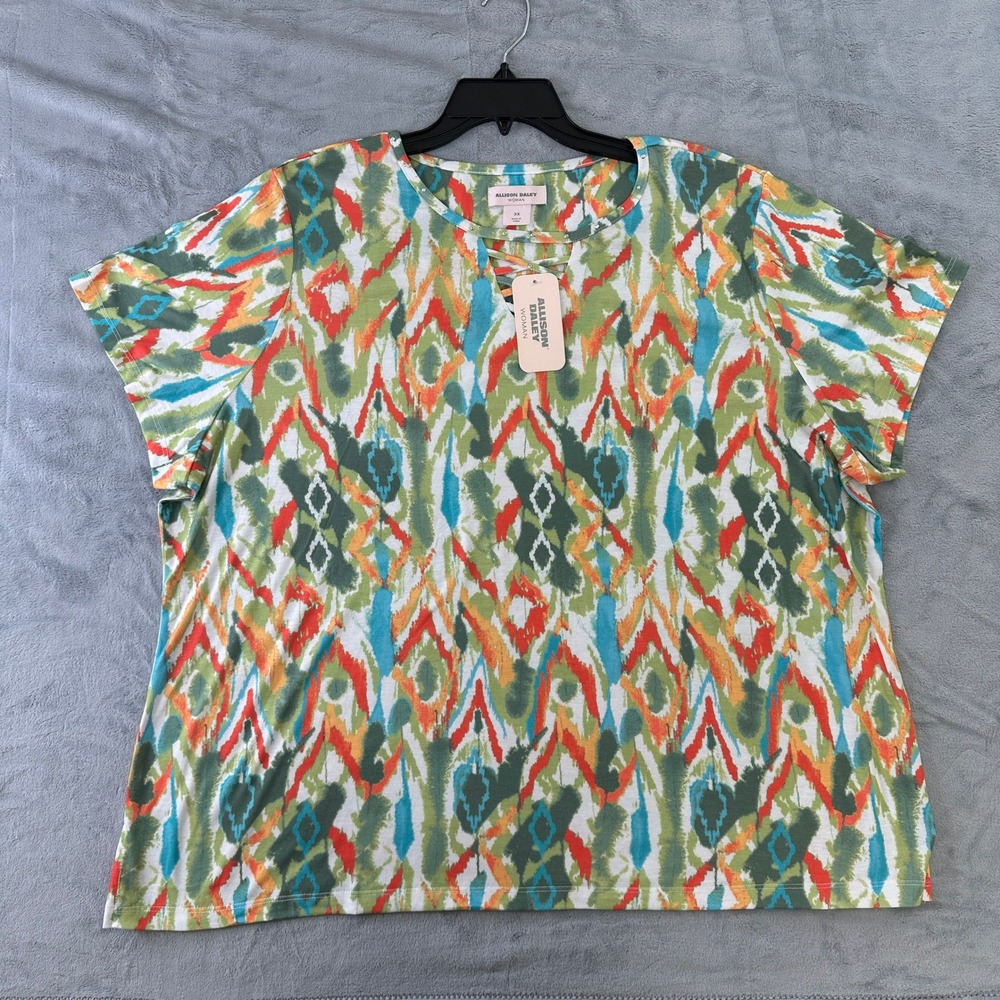 NWT Allison Daley Woman 3X Ikat Print Lattice Neck Studded Top Green Multi
